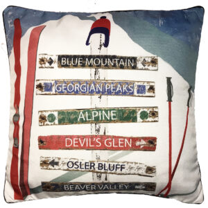 Pillows Custom 6 Name Ski Signs. Outdoora TM Fabric. Indoor/Outdoor. 18″ x18″ . Min 30 For Custom.