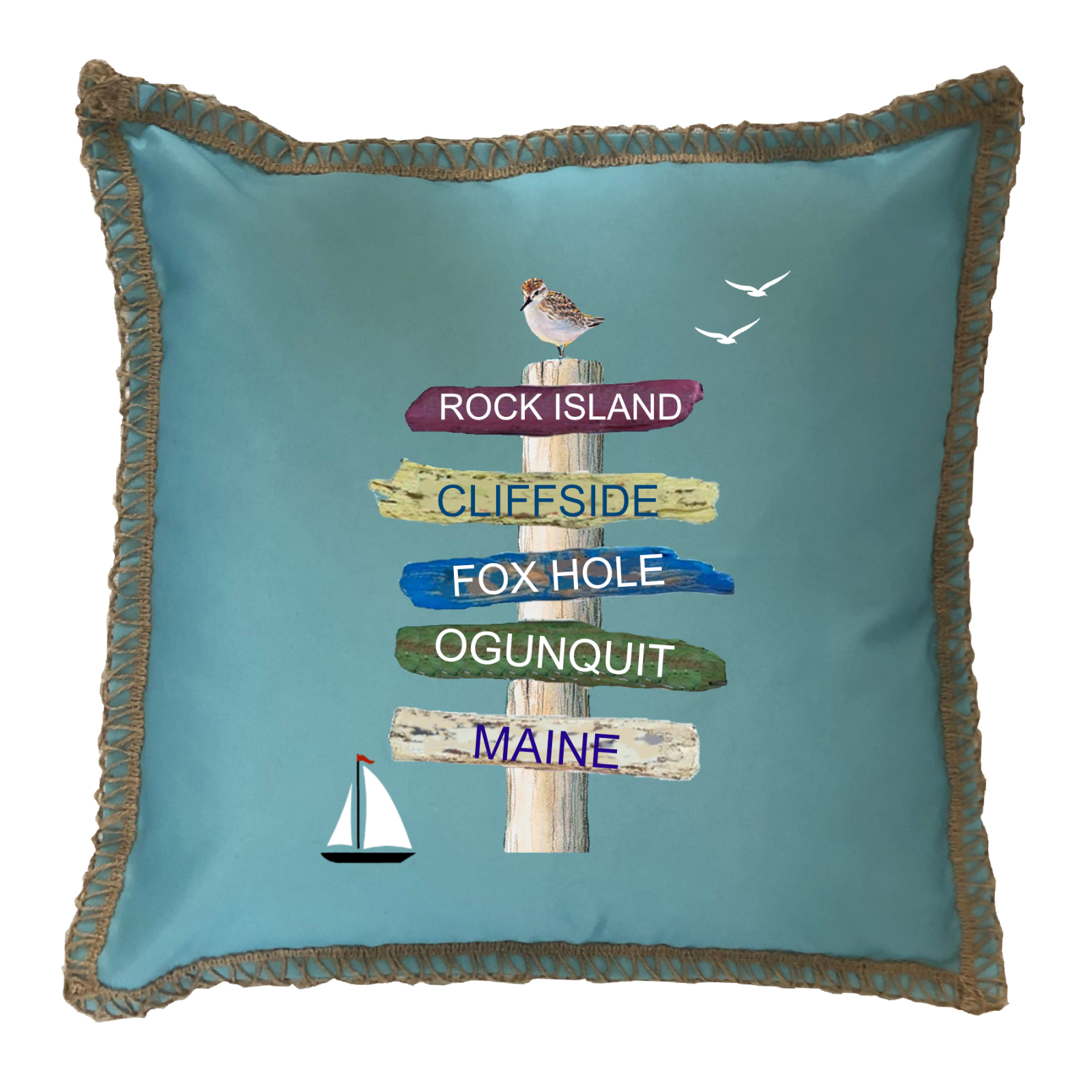 Custom 5 Name Harbor Signs. New Burlap Lace Trim Linen Weave Pillows Trim. 18" x 18" - Image 3