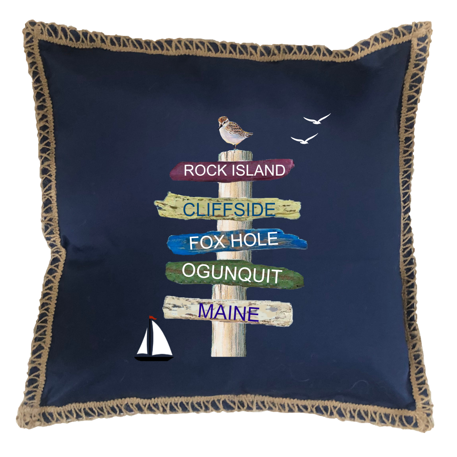 Custom 5 Name Harbor Signs. New Burlap Lace Trim Linen Weave Pillows Trim. 18" x 18" - Image 2