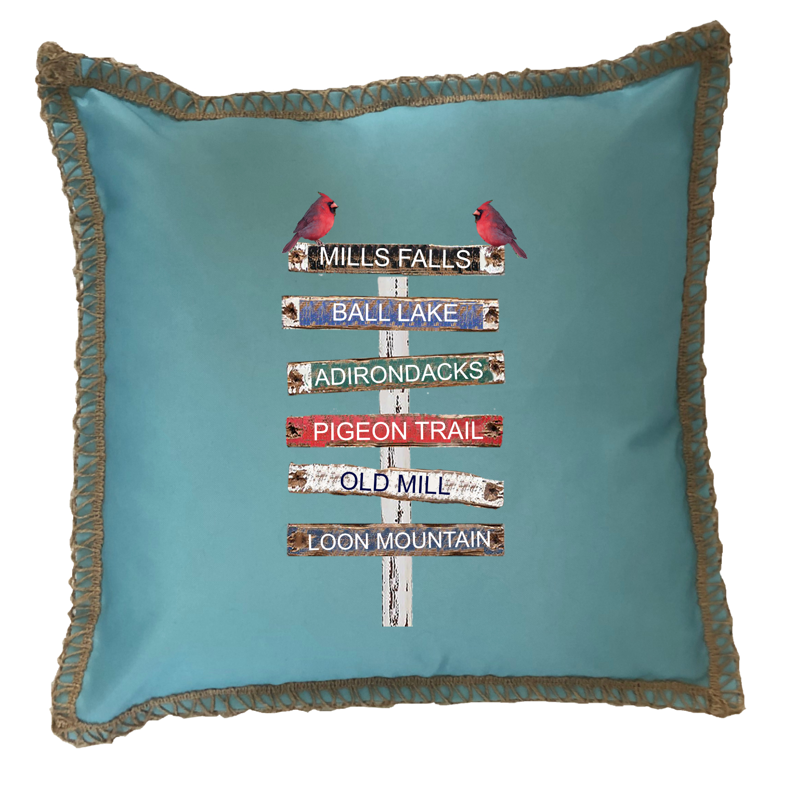 Custom 6 Name Lake Signs. New Burlap Lace Trim Linen Weave Pillows Trim. 18" x 18" - Image 3