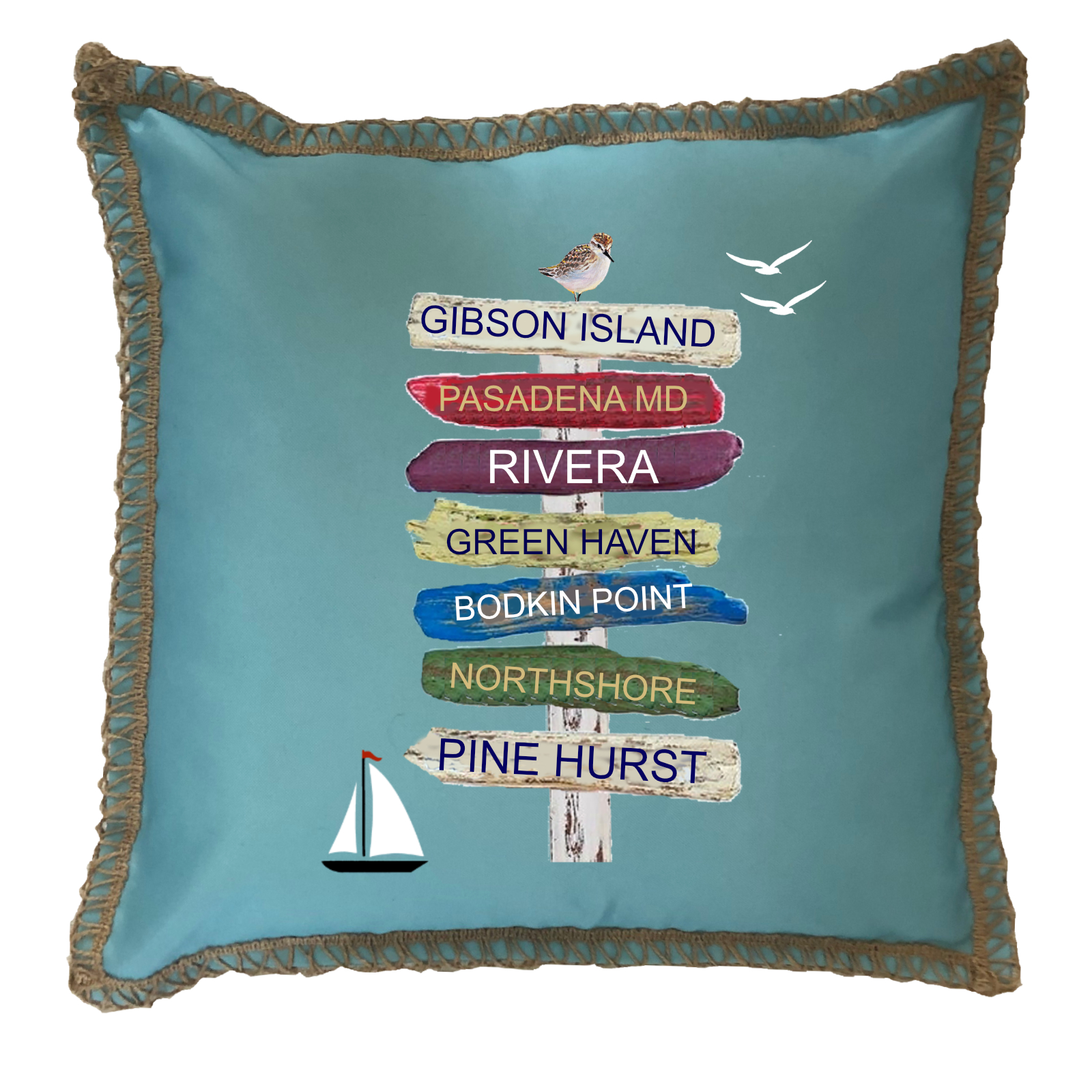 Custom 7 Name Driftwood Signs. New Burlap Lace Trim Linen Weave Pillows Trim. 18" x 18" - Image 3