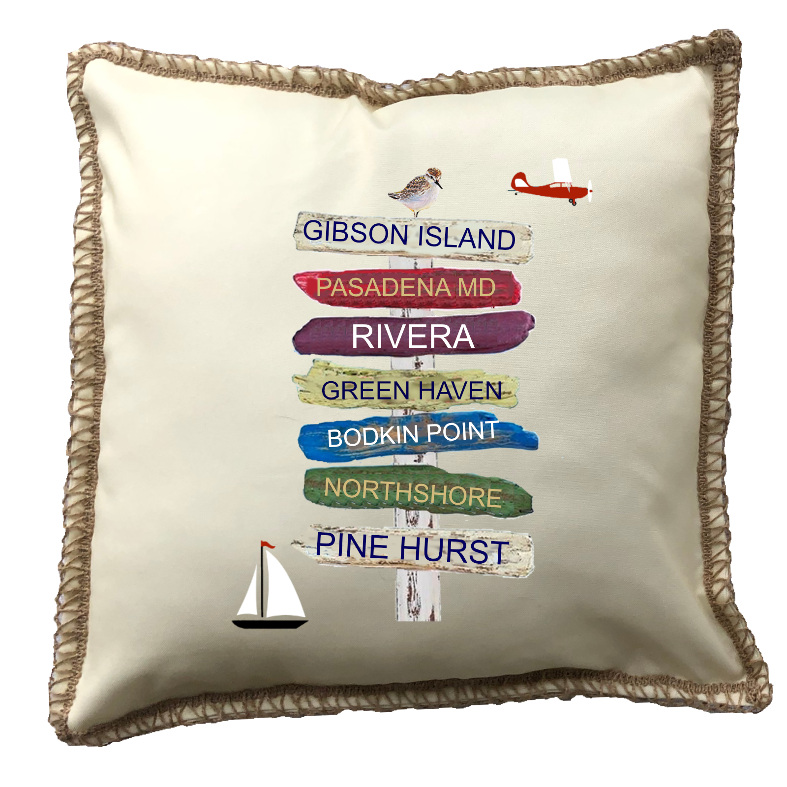 Custom 7 Name Driftwood Signs. New Burlap Lace Trim Linen Weave Pillows Trim. 18" x 18" - Image 5