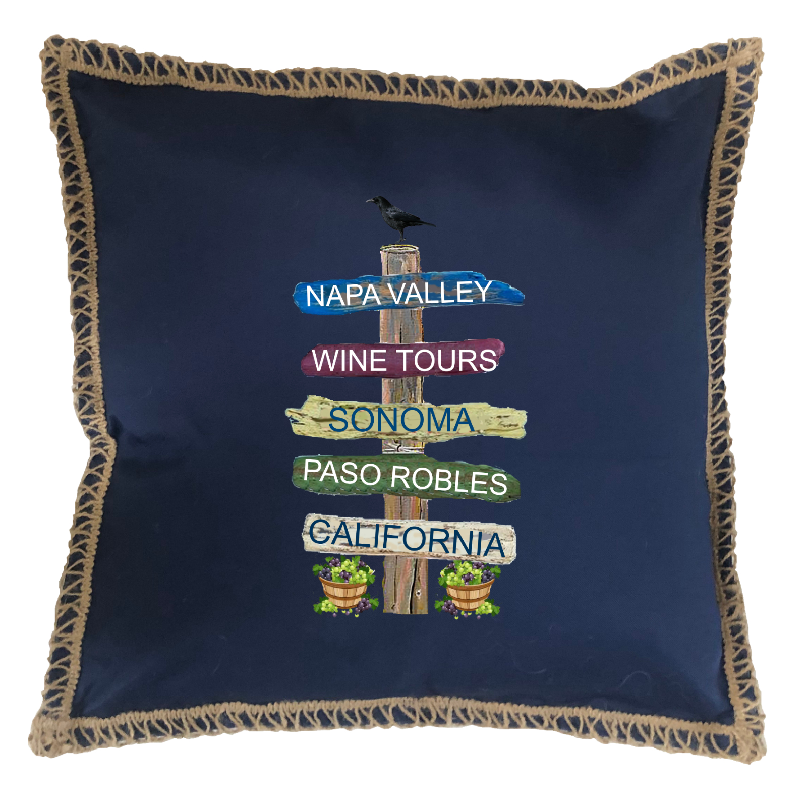 Custom 5 Name Wine Signs. New Burlap Lace Trim Linen Weave Pillows Trim. 18" x 18" - Image 3