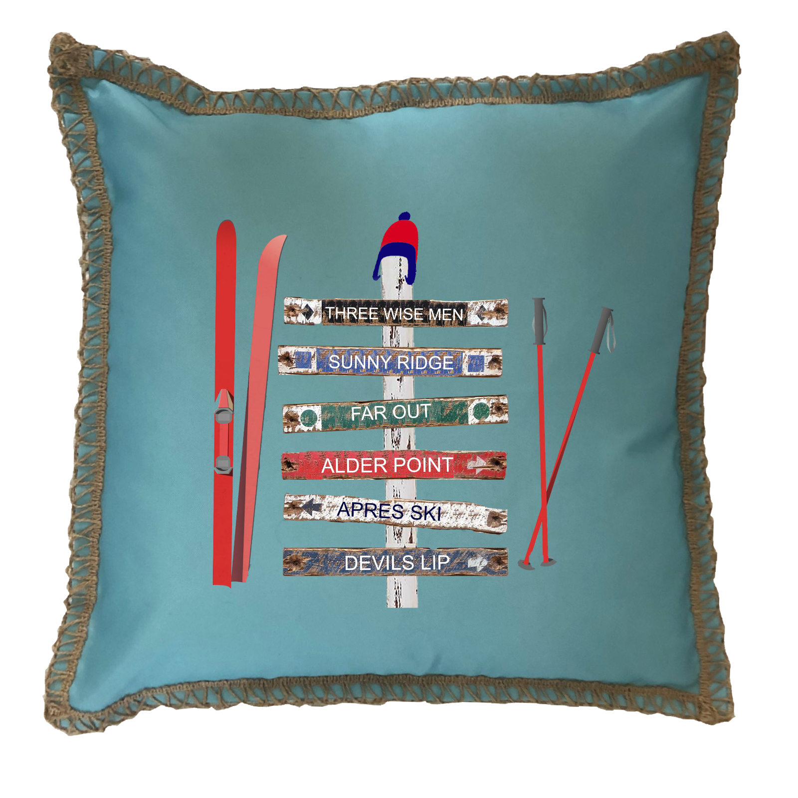 Custom 6 Name Ski Signs. New Burlap Lace Trim Linen Weave Pillows Trim. 18" x 18" - Image 2