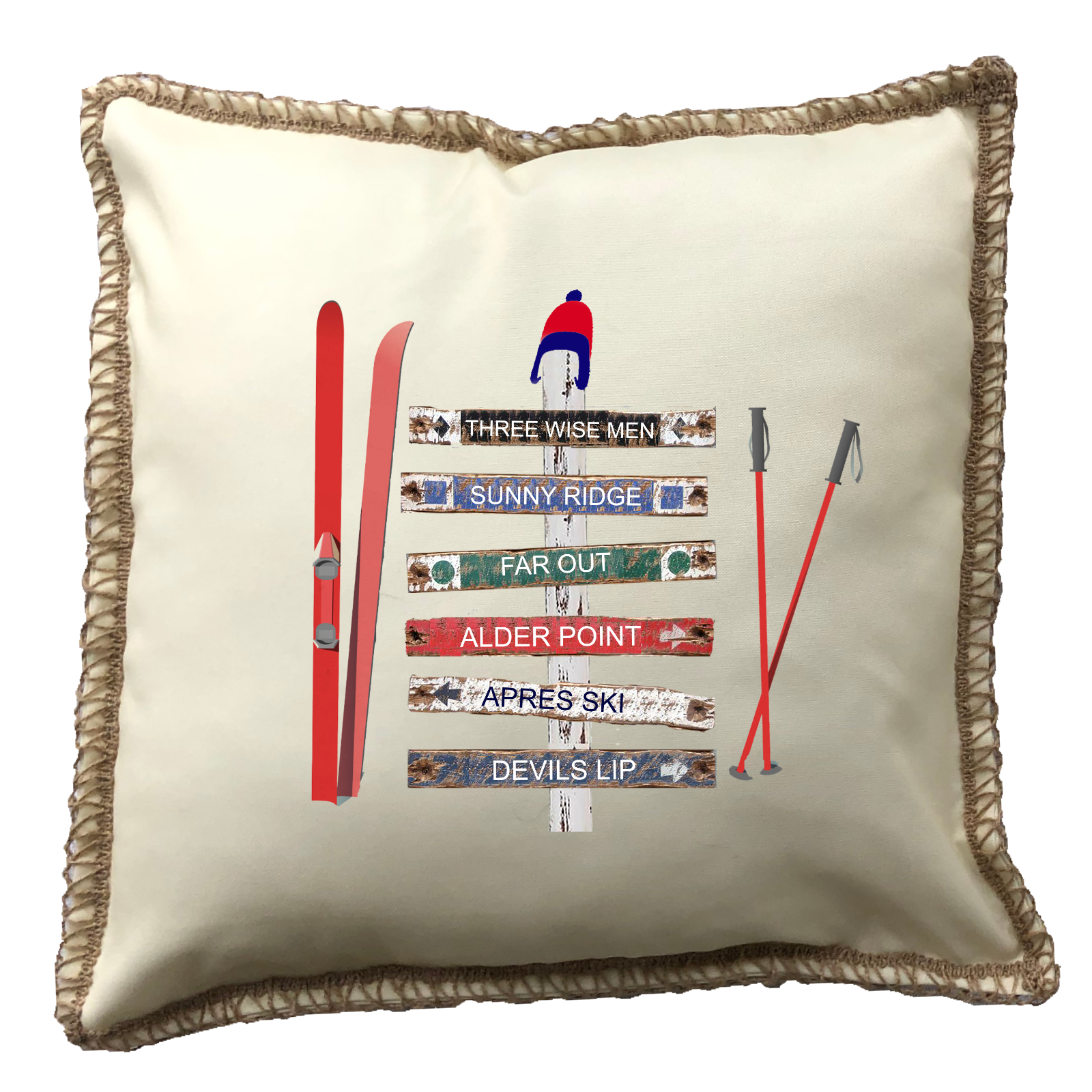 Custom 6 Name Ski Signs. New Burlap Lace Trim Linen Weave Pillows Trim. 18" x 18" - Image 3