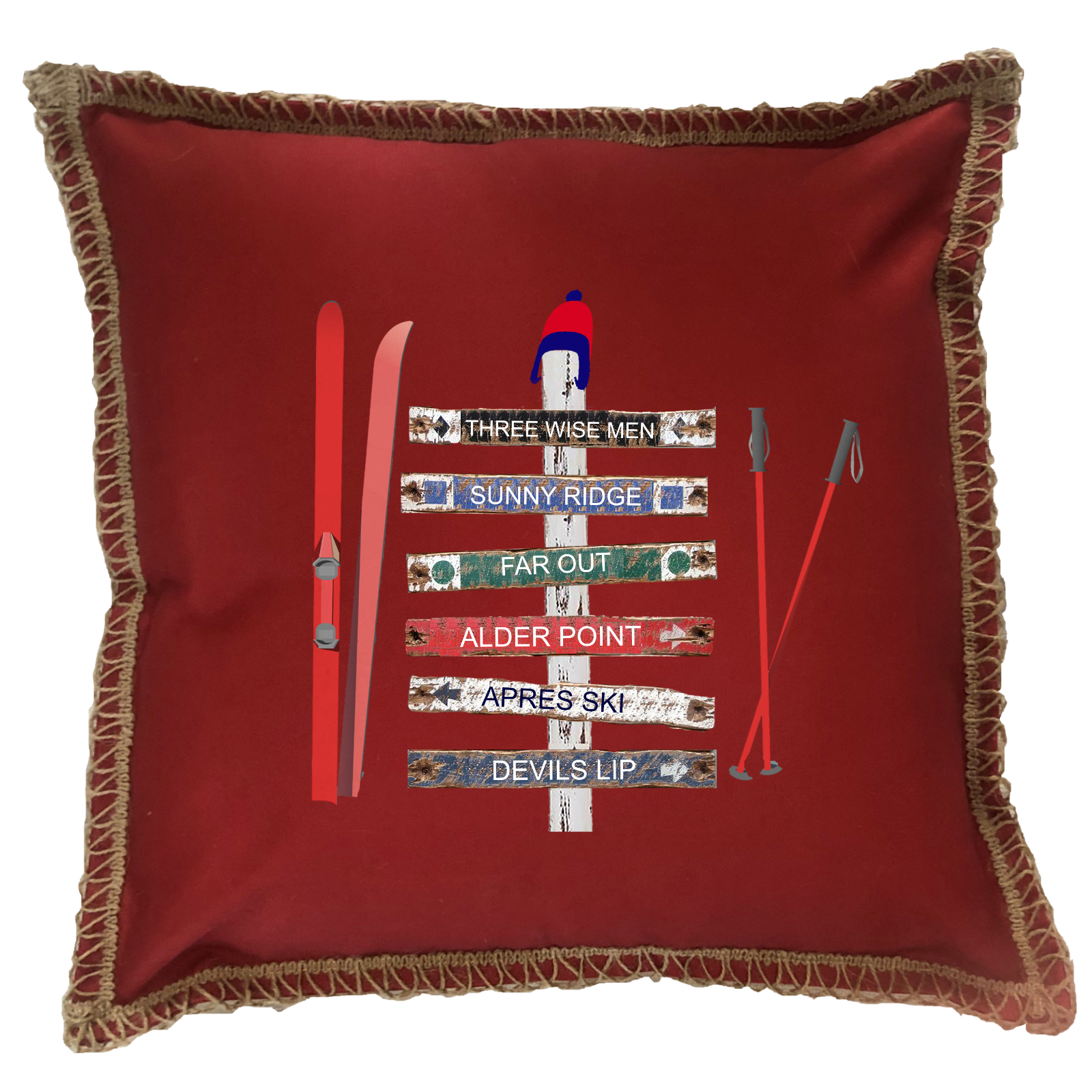 Custom 6 Name Ski Signs. New Burlap Lace Trim Linen Weave Pillows Trim. 18" x 18" - Image 4