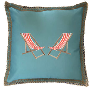 Beach Chairs Burlap Lace Trim Linen Weave Pillows Trim. 18″ x 18″