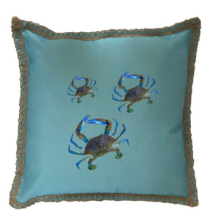 Blue Crabs Burlap Lace Trim Linen Weave Pillows Trim. 18″ x 18″