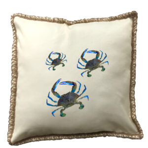 Blue Crabs Burlap Lace Trim Linen Weave Pillows Trim. 18″ x 18″