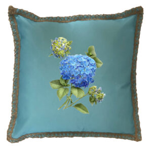 Hydrangea Blue Burlap Lace Trim Linen Weave Pillows Trim. 18″ x 18″