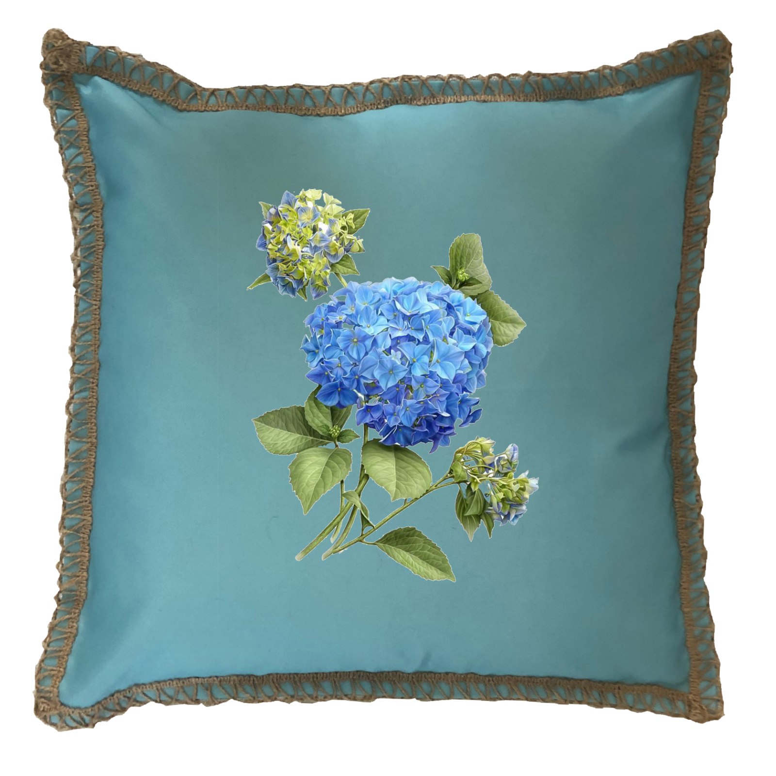 Hydrangea Blue Burlap Lace Trim Linen Weave Pillows Trim. 18" x 18" - Image 2