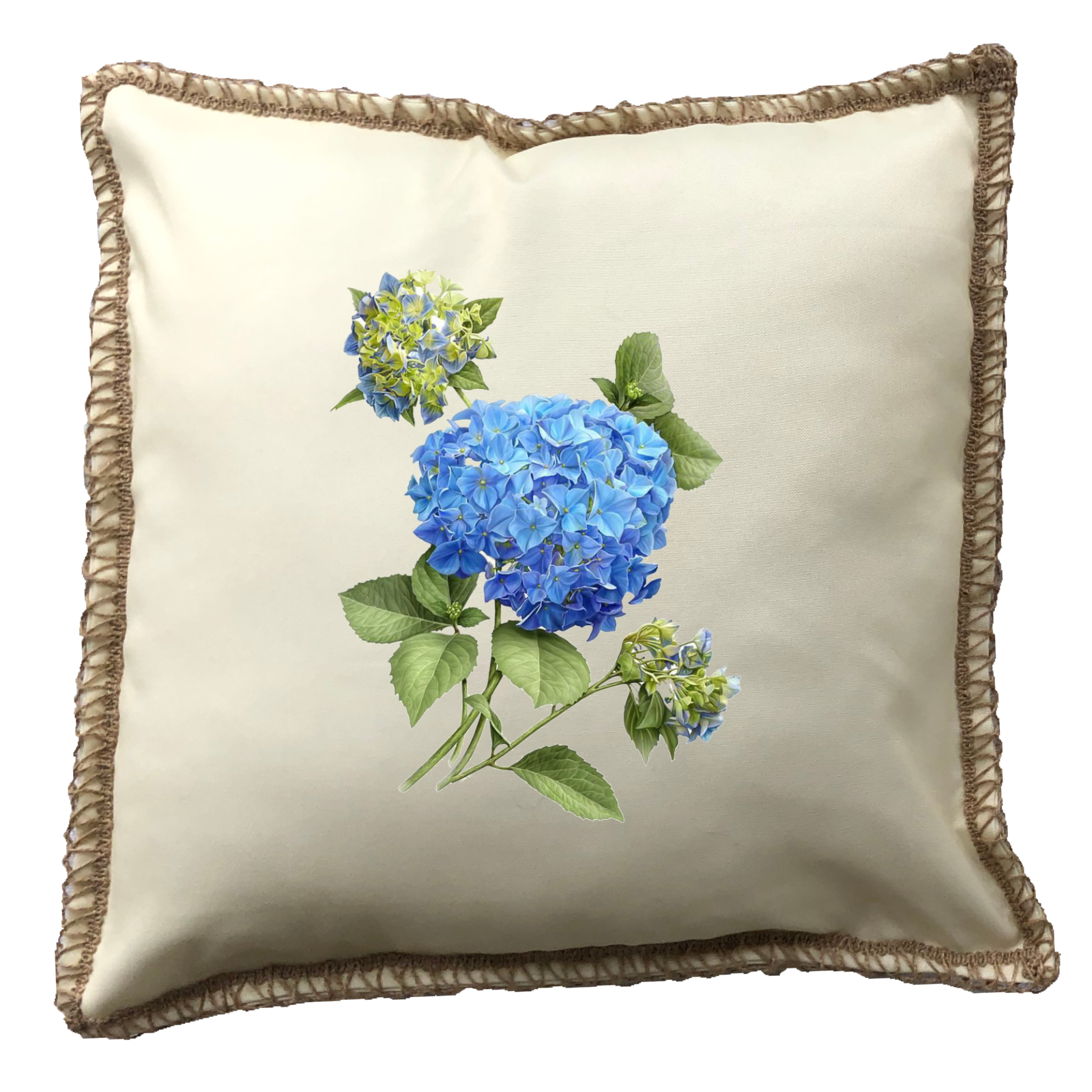 Hydrangea Blue Burlap Lace Trim Linen Weave Pillows Trim. 18" x 18" - Image 3