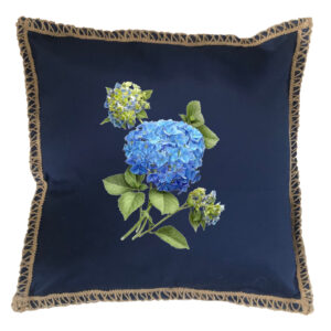 Hydrangea Blue Burlap Lace Trim Linen Weave Pillows Trim. 18″ x 18″