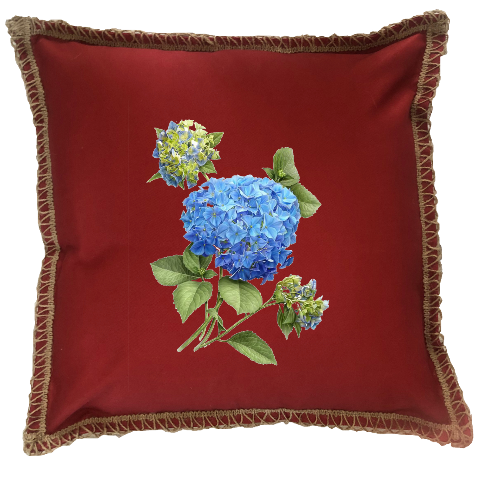 Hydrangea Blue Burlap Lace Trim Linen Weave Pillows Trim. 18" x 18" - Image 4