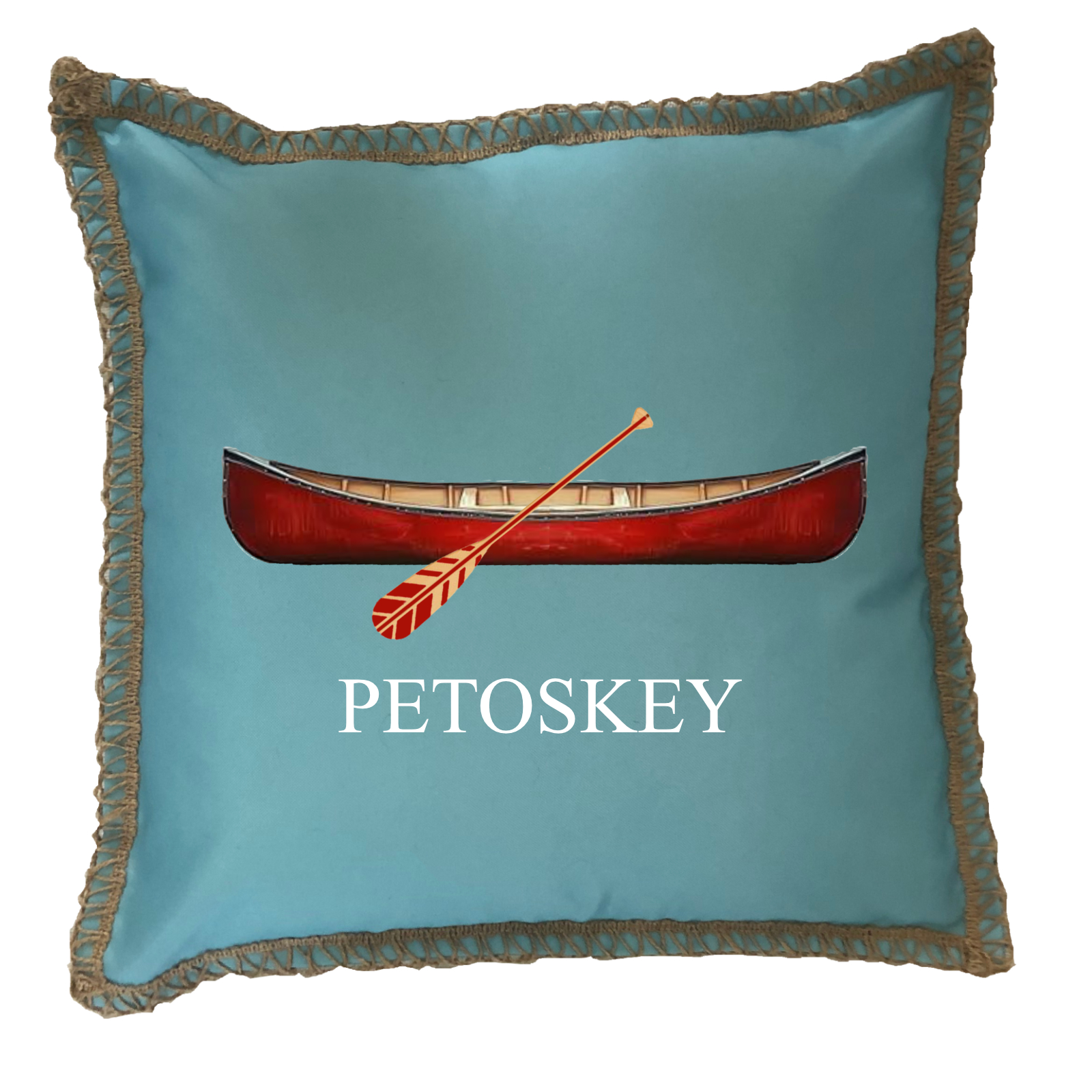 Red Canoe Custom Name Burlap Lace Trim Linen Weave Pillows Trim. 18" x 18" - Image 4