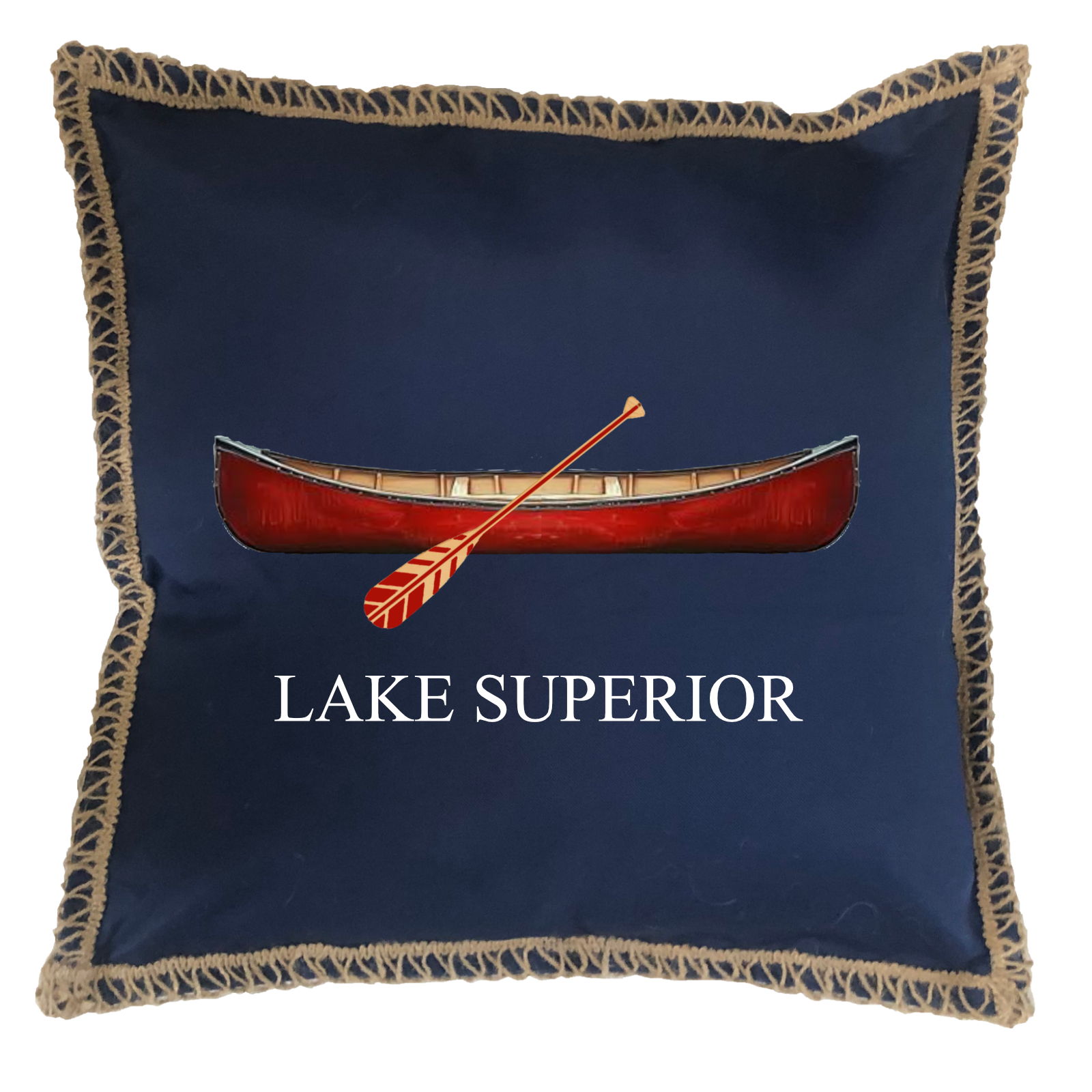 Red Canoe Custom Name Burlap Lace Trim Linen Weave Pillows Trim. 18" x 18"