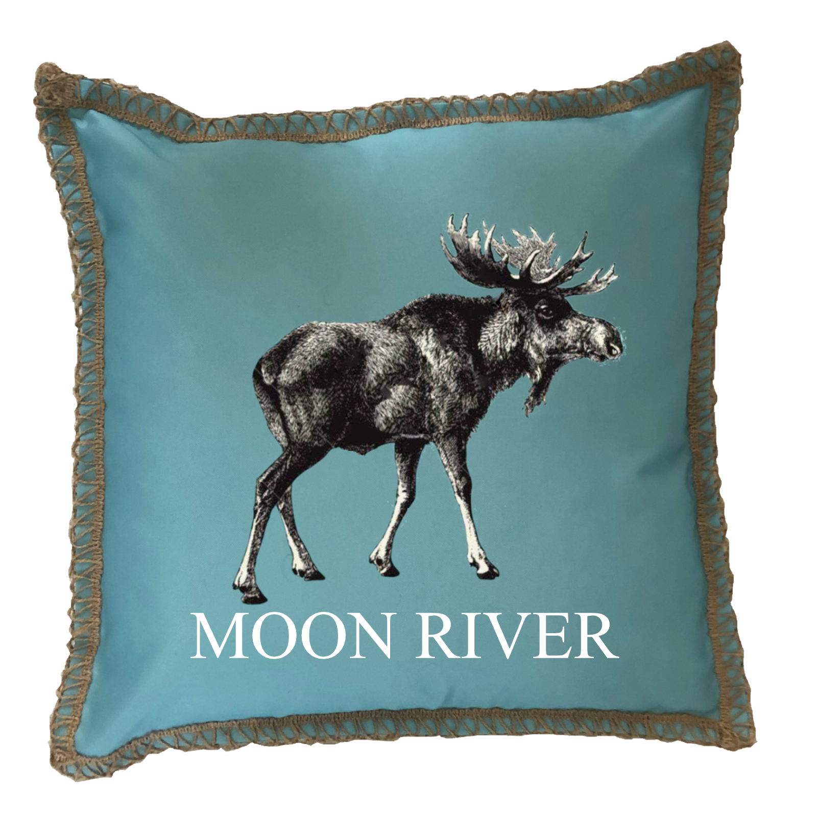 Moose Custom Name Burlap Lace Trim Linen Weave Pillows Trim. 18" x 18" - Image 3