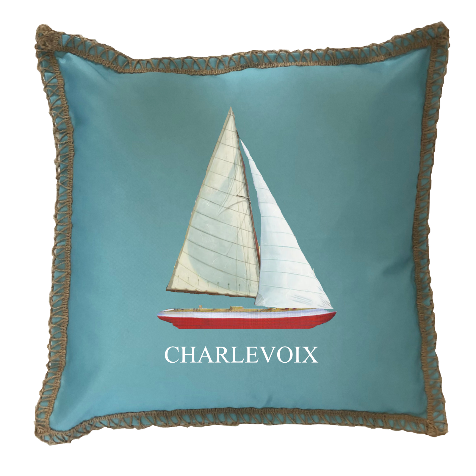 Sailboat Custom Name Burlap Lace Trim Linen Weave Pillows Trim. 18" x 18" - Image 2