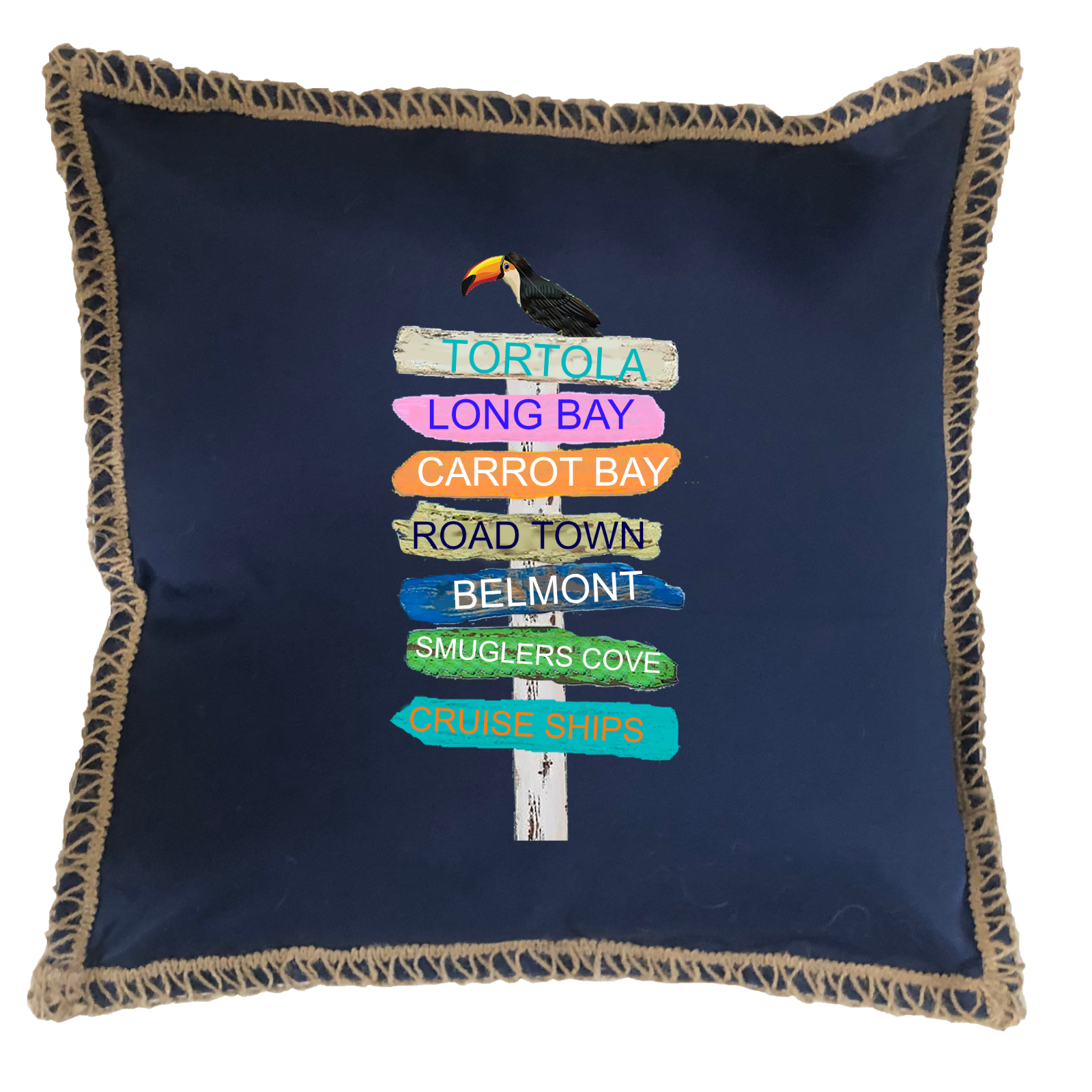 Custom 7 Name Tropical Signs. New Burlap Lace Trim Linen Weave Pillows Trim. 18" x 18" - Image 3