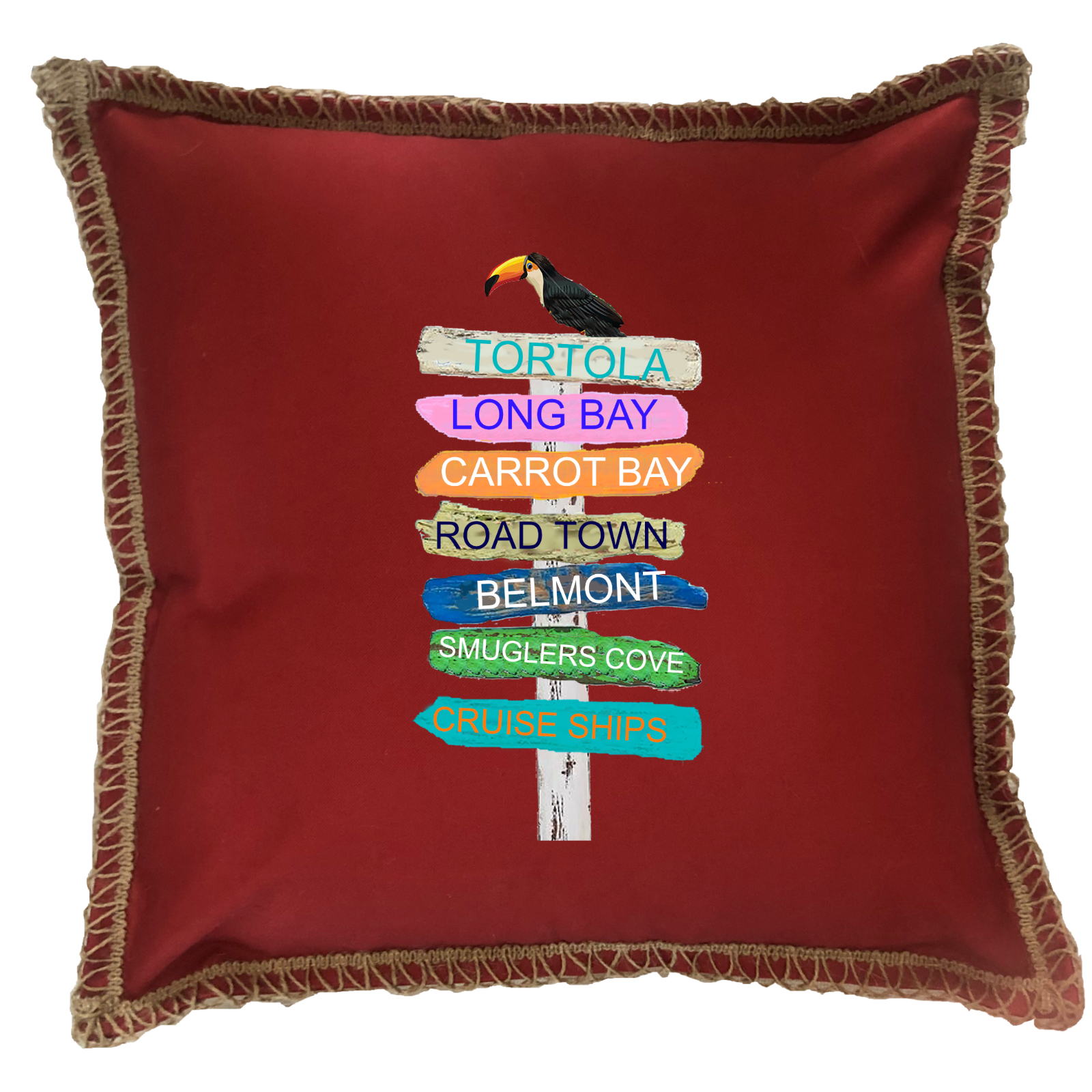 Custom 7 Name Tropical Signs. New Burlap Lace Trim Linen Weave Pillows Trim. 18" x 18" - Image 4