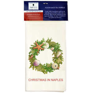 “Christmas In Name Drop” Shell Wreath Flour Sack Tea Towels. (Min 24)